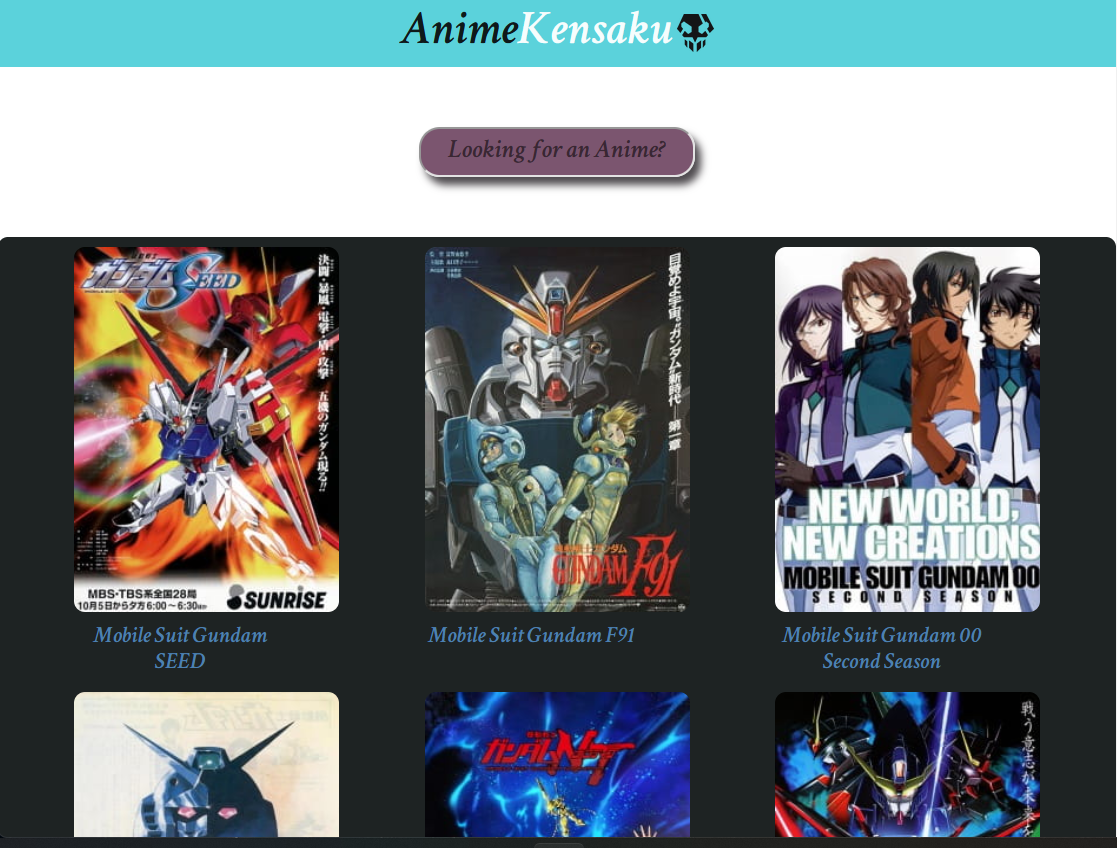 screen shot of the website anime-Kensaku.netlify.app after searching for the term gundam